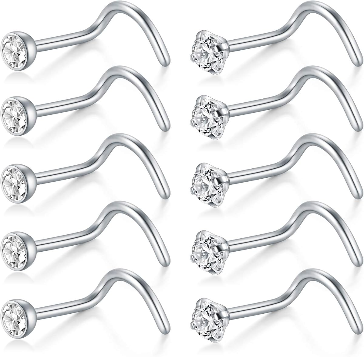 Nose Rings 10Pcs 18G Nose Screw Rings Studs Surgical Steel Piercing Jewelry 2mm Clear CZ Silver