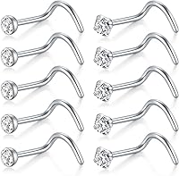 Vista 1 de D.Bella Nose Rings 10Pcs 18G Nose Screw Rings Studs Surgical Steel Piercing Jewelry 2mm Clear CZ Silver