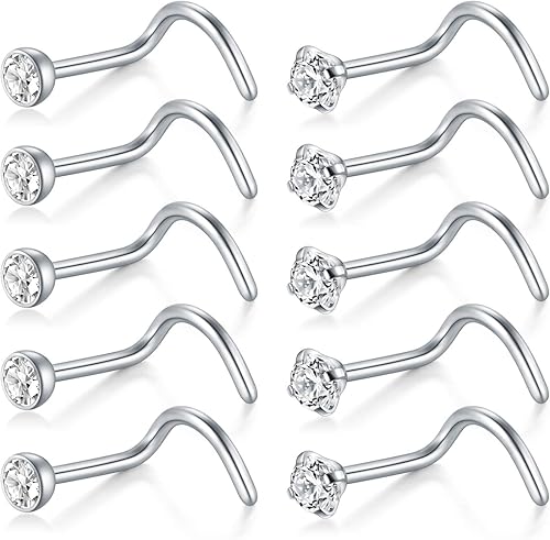 D.Bella Nose Rings 10Pcs 18G Nose Screw Rings Studs Surgical Steel Piercing Jewelry 2mm Clear CZ Silver