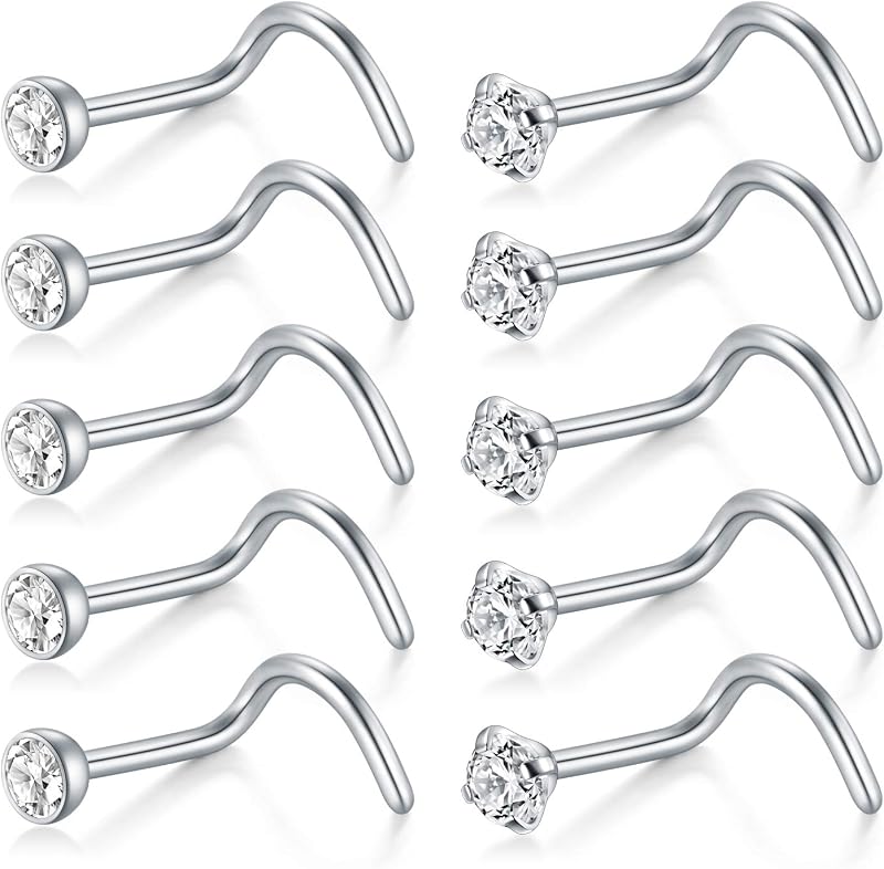 Nose Rings 10Pcs 18G Nose Screw Rings Studs Surgical Steel Piercing Jewelry 2mm Clear CZ Silver