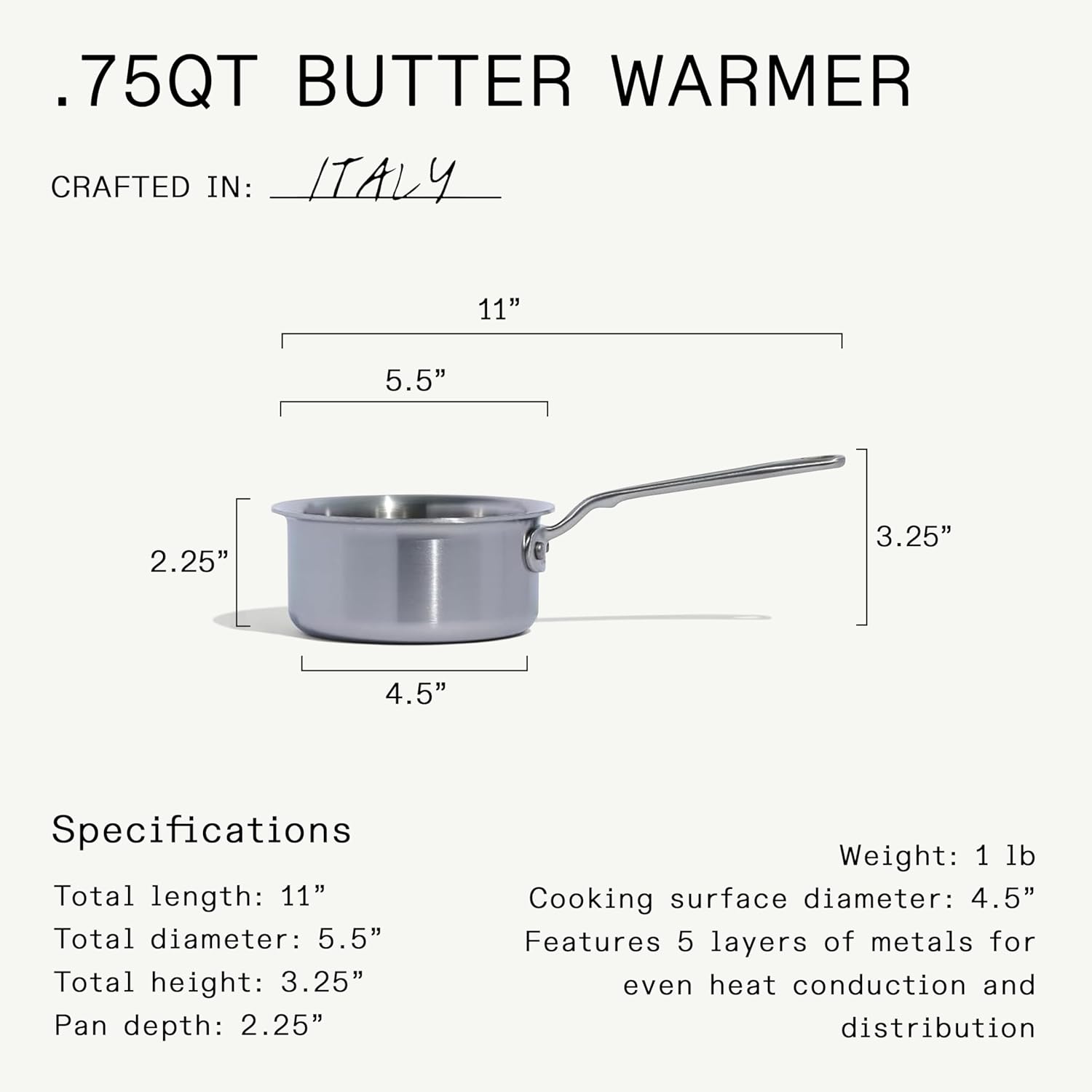 Made In Cookware - 3/4 Quart Stainless Steel Butter Warmer - 5 Ply Stainless Clad - Professional Cookware - Crafted in Italy - Induction Compatible - Image 3