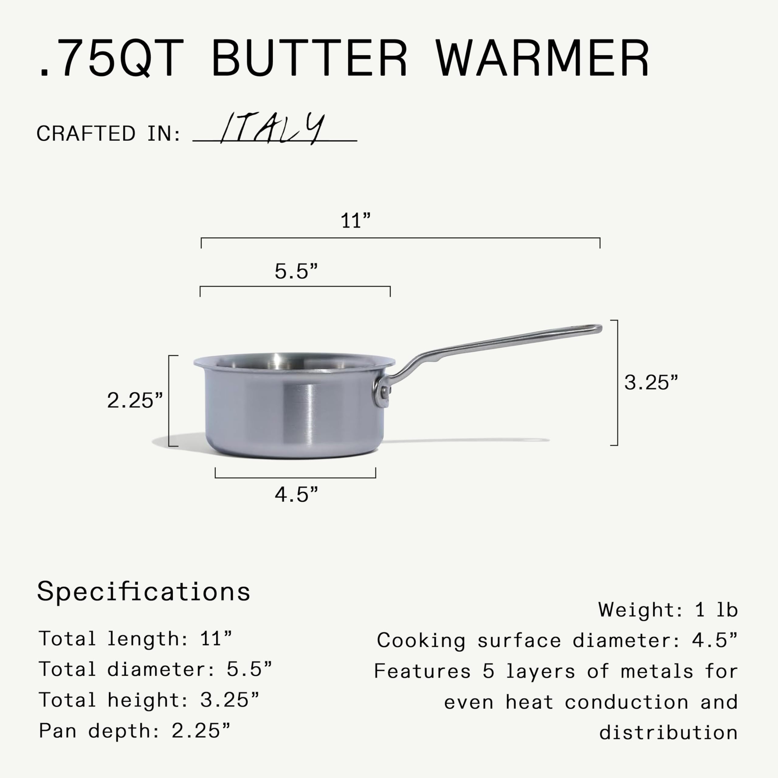 Made In Cookware - Scaldaburro in acciaio inossidabile da 3/4 Quarti - Prodotto in Italia - Rivestimento in acciaio inossidabile a 5 strati - Pentole professionali - Compatibile con induzione