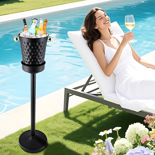 Miniatura 2 de Cubo de hielo champán con soporte, soporte de cubo de acero inoxidable, cubo de hielo negro dorado con asa de transporte para bebidas de vino,