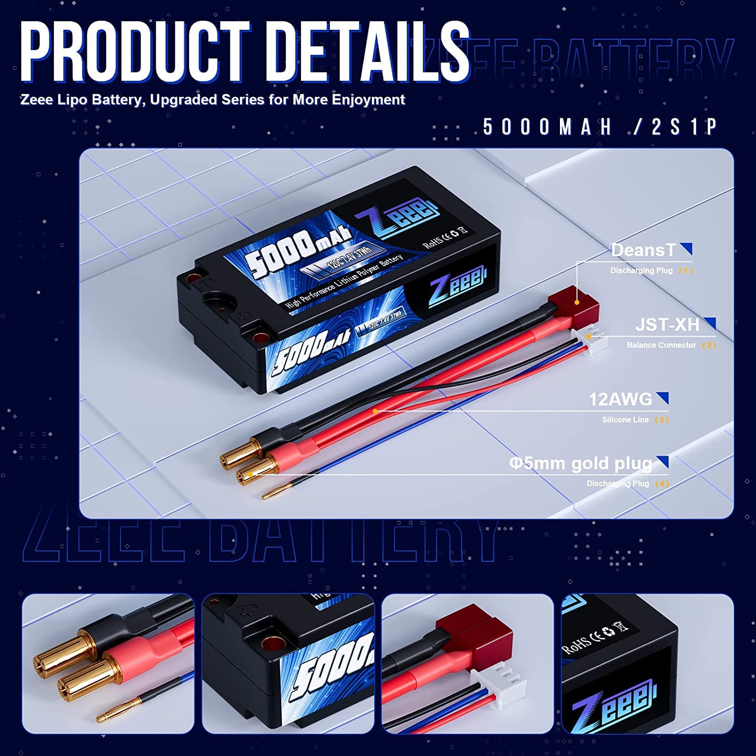 Zeee 2S Lipo Akku 5200mAh 7,4V 80C Hardcase Batterie mit EC5 Stecker für RC Evader BX Auto Car