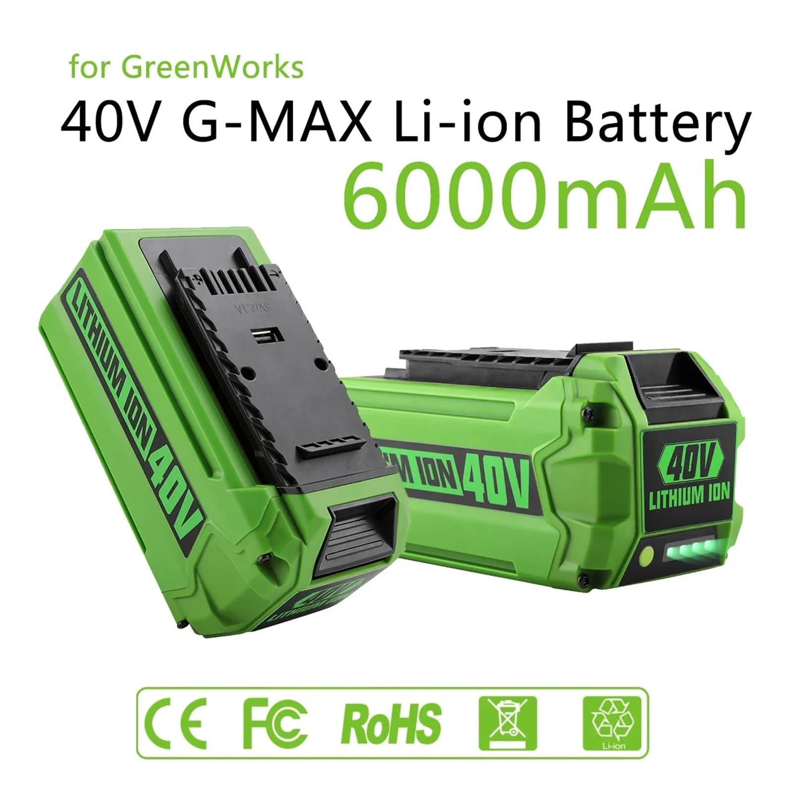 Batería de 40V 6Ah Compatible con GreenWorks, G-MAX Batería de Ion de Litio de Repuesto del Fabricante para Cortacéspedes Herramientas Eléctricas(1pcs-6.0ah)