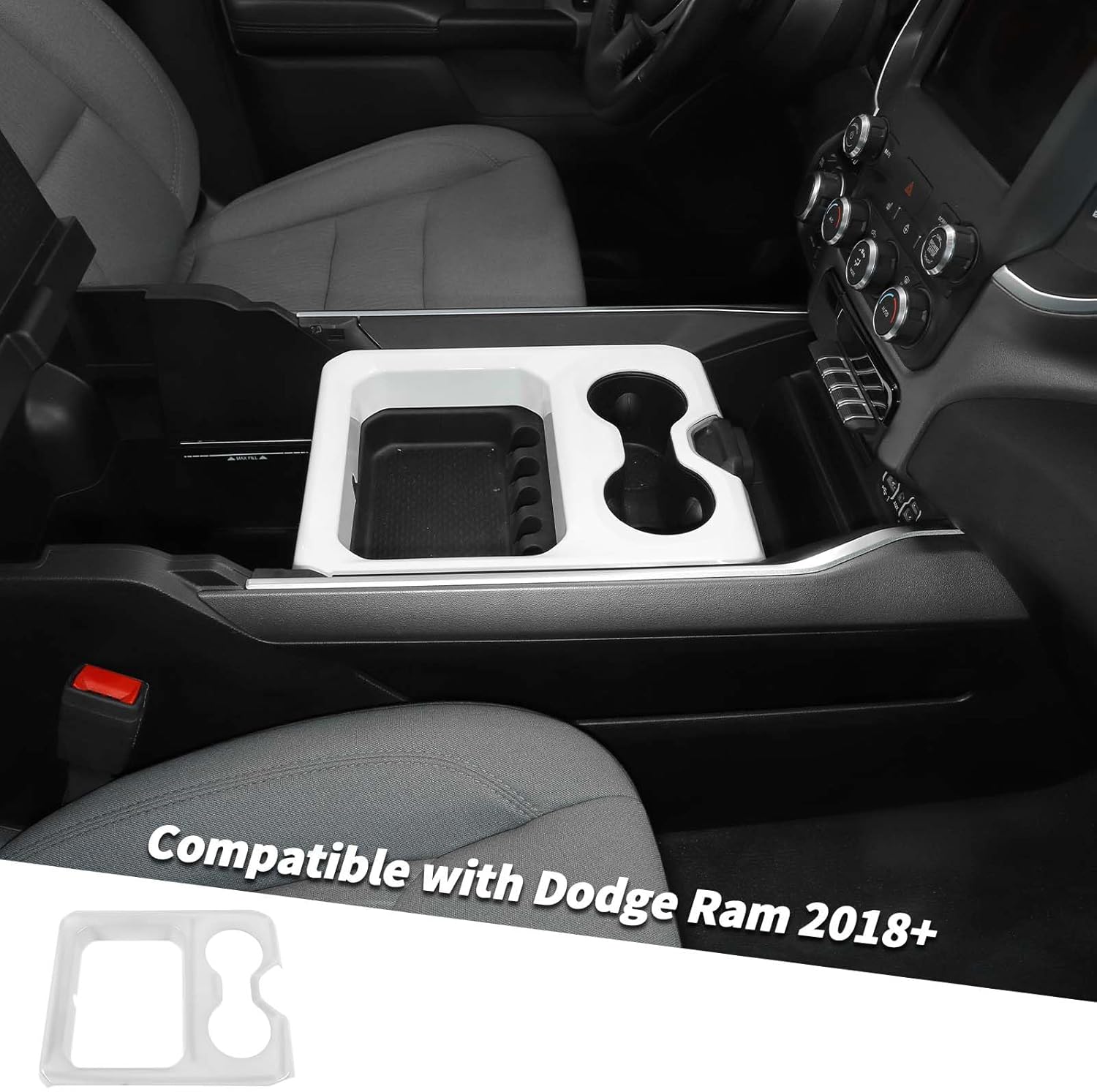 Jimen Compatible with Dodge Ram 2018-2025, Middle Console Front Cup Holder Panel Cover Interior Trim Accessories (White)