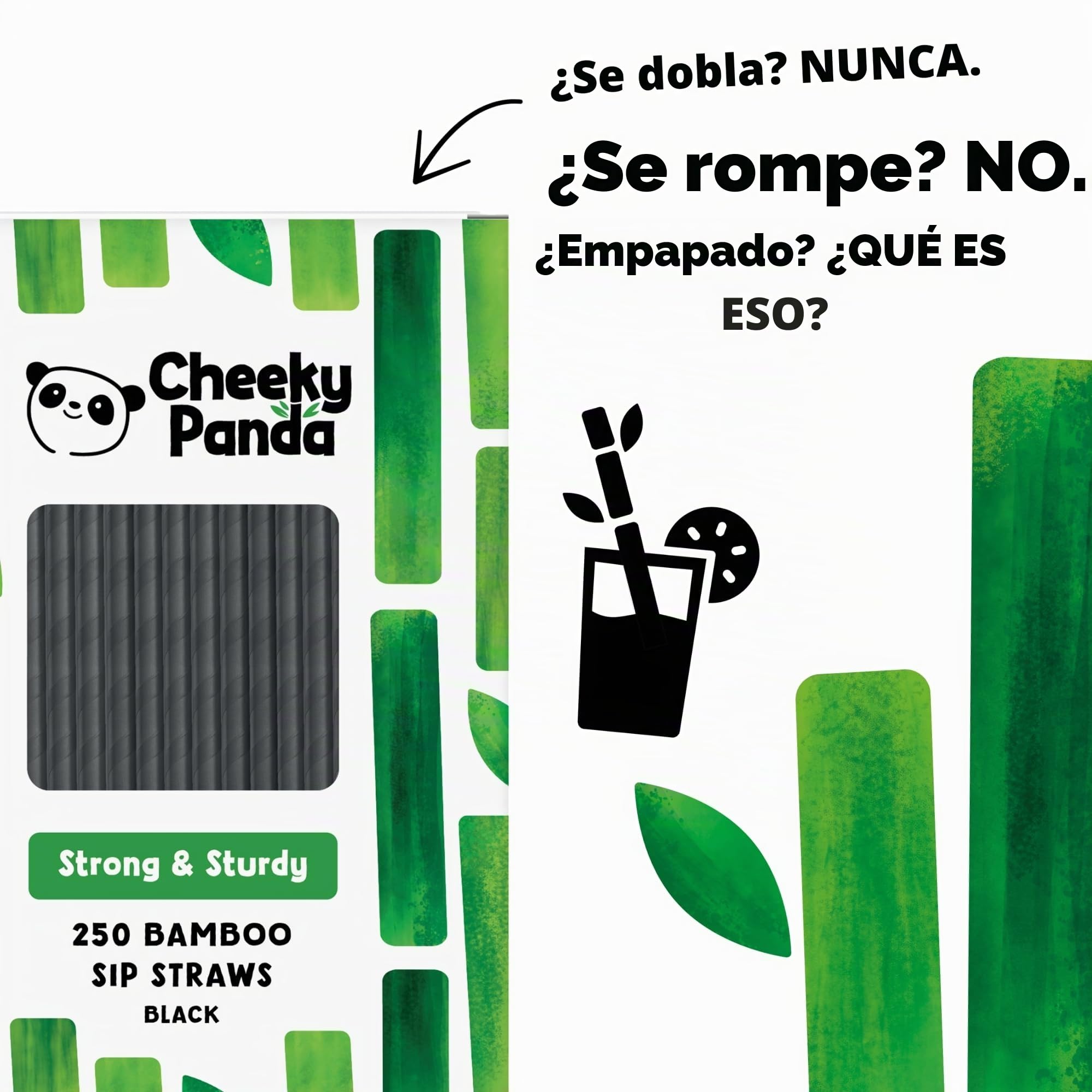 The Cheeky Panda – Bamboo (Perfecto para cócteles) Pajitas de papel negro | Paquete de 250 pajitas | 100% biodegradable, sin plástico, ecológico, resistente y sostenible