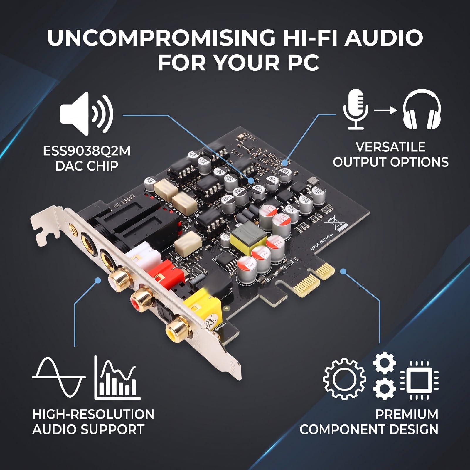 Bewinner Carte Son PCIe 2.0 Canaux ESS9038Q2M Chip, pour PC Gaming et | Clarté exceptionnelle, prise en charge 44,1 kHz/48 kHz, interfaces de sortie multiples, compatible avec et