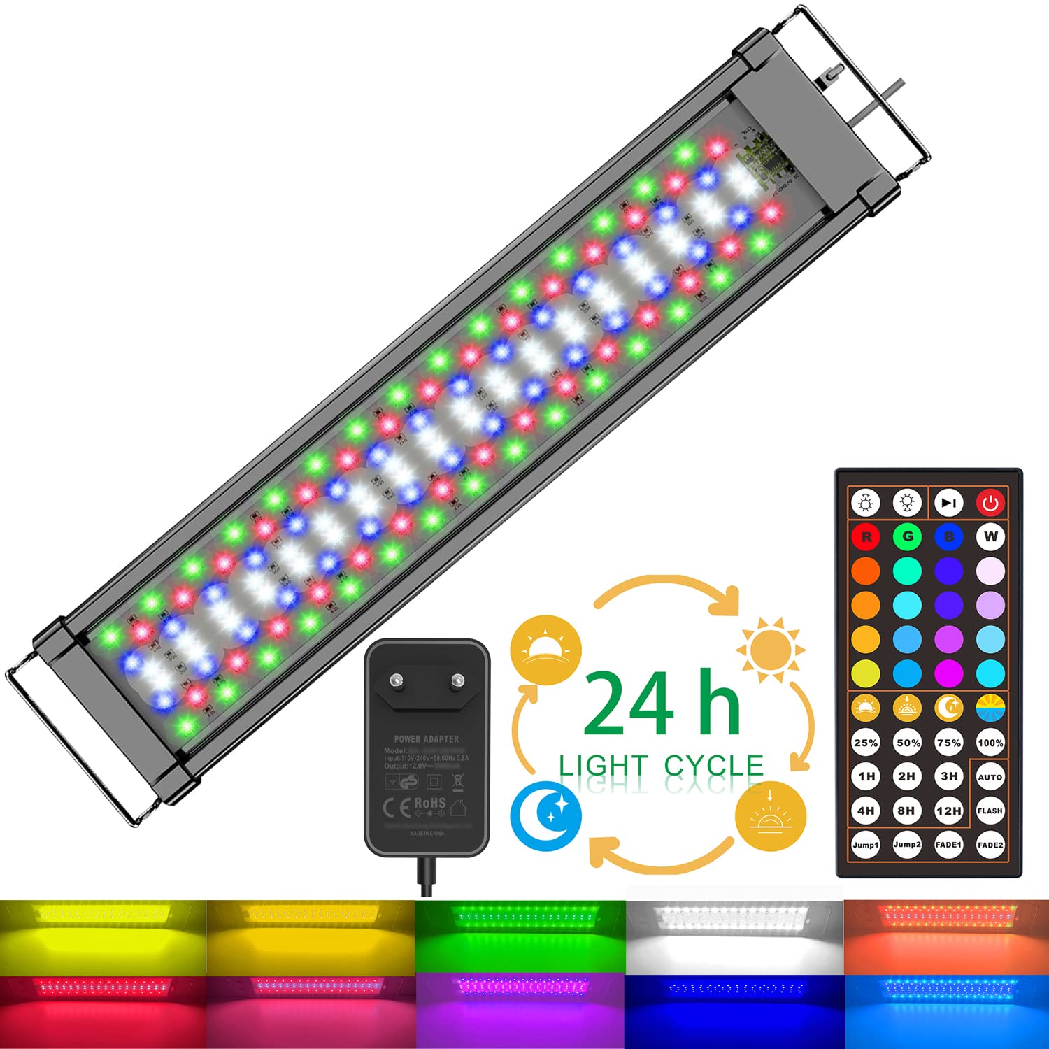 WOINO 100-135cm 144 RGBW LED Aquarium Light with 44 Keys IR Remote Controller for Freshwater Saltwater, CE Power Supply