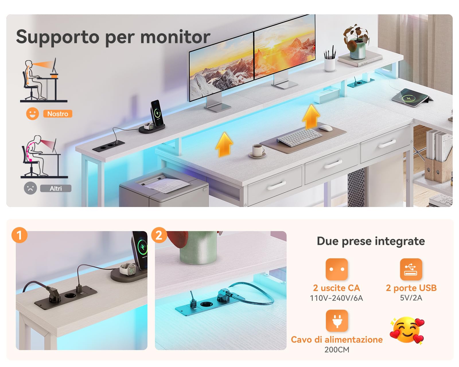 Coleshome Tavolo da Gaming con Luci LED RGB, Scrivania Angolare con 7 Cassetti e Ampio Spazio di Archiviazione, Scrivania a Forma di L Reversibile con 2 Prese, Bianco, 179.5×135.5cm