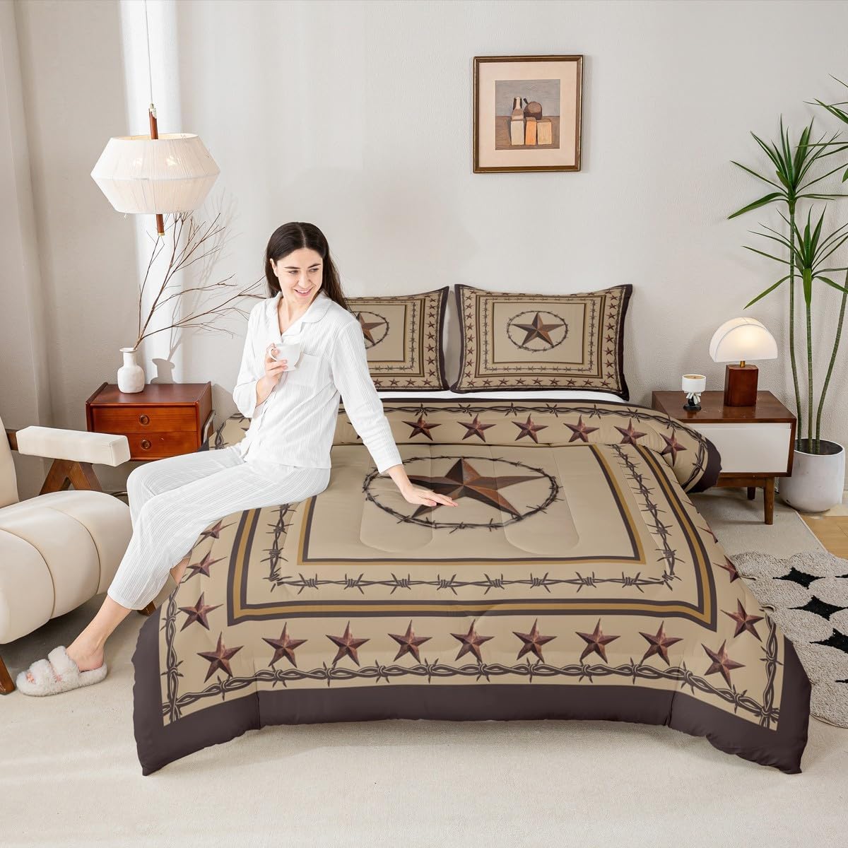 Western Texas Star Kids Comforter Set Twin Size,Cowboy Rustic Farmhouse Bedding Set,Boys Girls Adults Bedroom Decor,Geometric Plaids Patchwork Down Comforter,Brown Retro Duvet Insert,1 Pillowcase