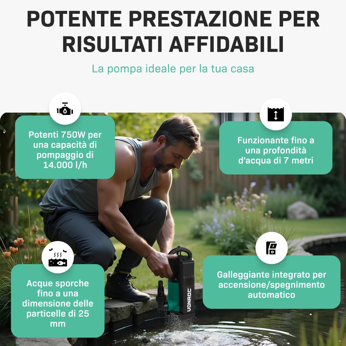 VONROC Pompa acqua sommersa 750W – 14000 l/h per acque sporche e pulite. Con galleggiante integrato