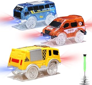 Track Cars Only, Flex Track Race Cars Replacement Glow in the Dark, Battery Operated Snap N Glow Ttrax Cars for Track Accessories with 5 Flashing LED Lights up, Compatible with Tracks for Kids (3pack)