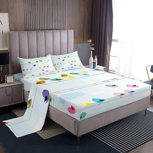 Erosebridal Juego de ropa de cama tamaño matrimonial con diseño de pájaros para niños y niñas, bonito juego de sábanas de animales de dibujos