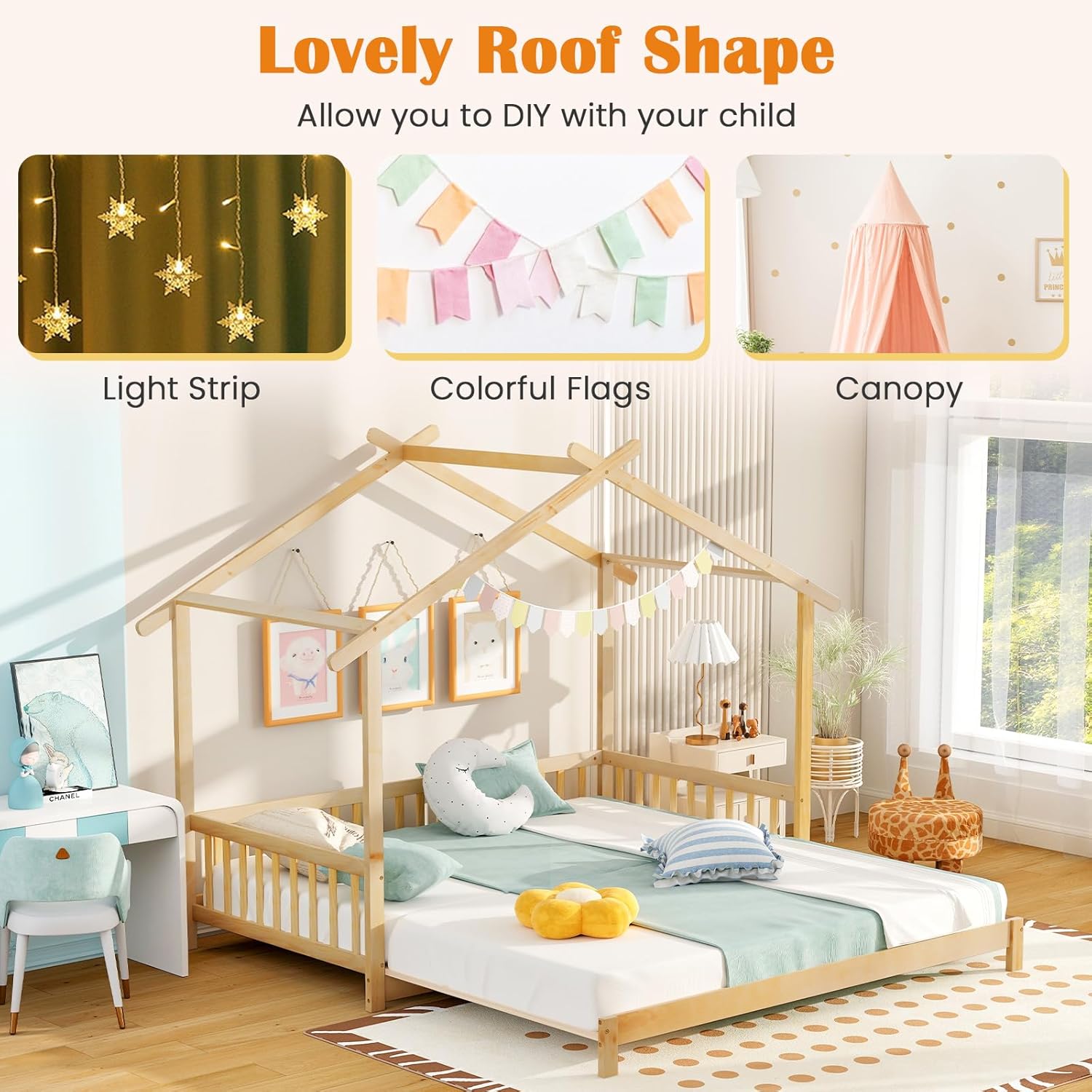 Examples of decorating the roof-shaped bed with light strips, colorful flags, and a canopy.