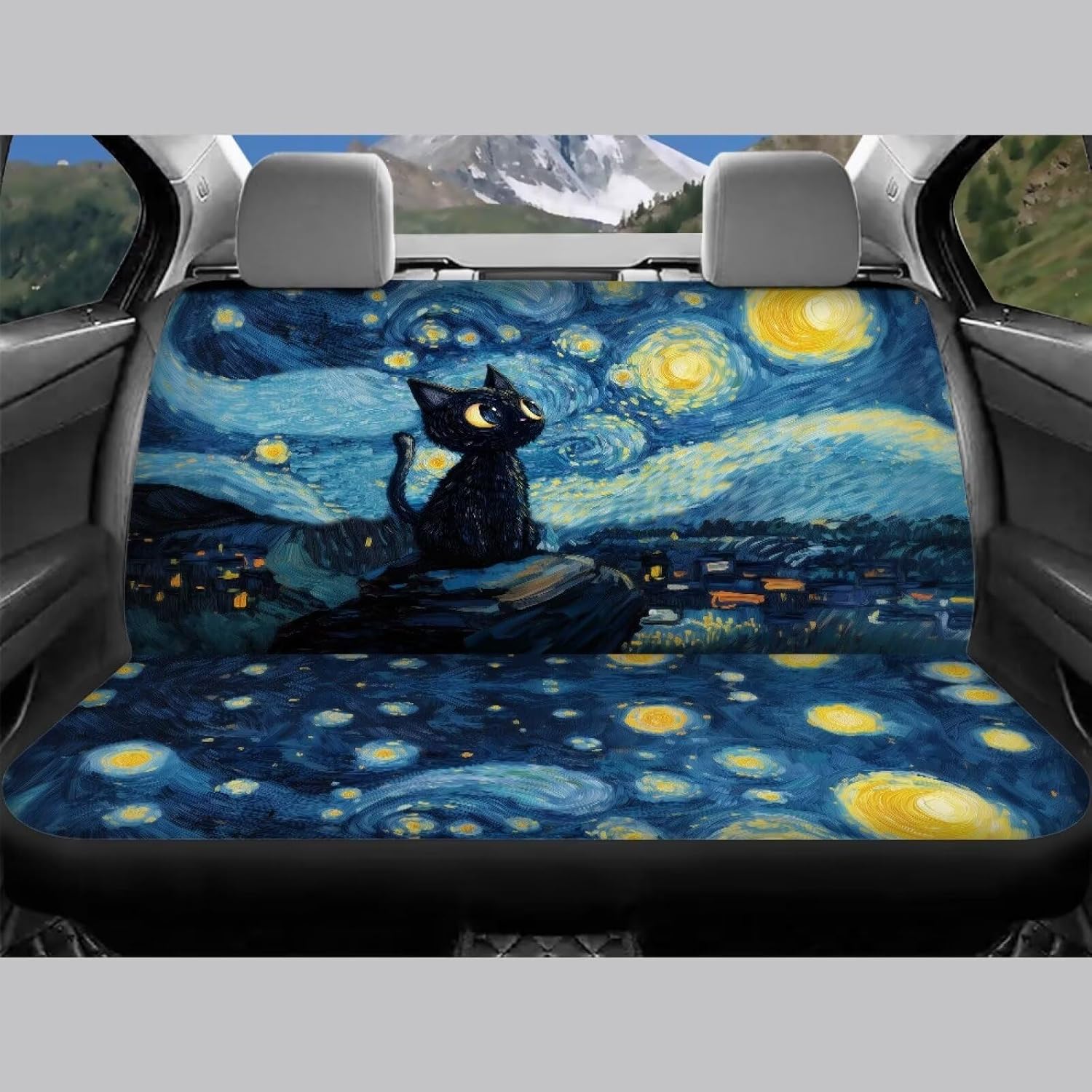 Black Cat Starry Night Print Car Seat Covers 4Pcs Front & Rear Breathable Seat Covers Universal Fits for Truck, Sedan, SUV Auto Interior Protector Car Accessories