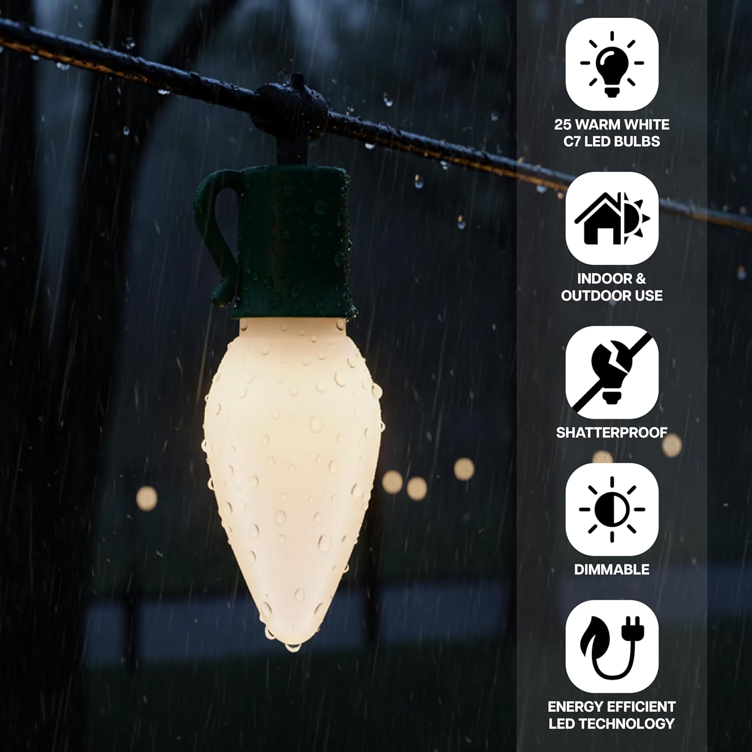 Holiday Bright Lights Replacement C7 Dimmable LED Bulbs - Opaque Warm White with E12 Base, Indoor and Outdoor Decorative Bulbs for Patio, Porch, and Ambient Lighting (25 PK)