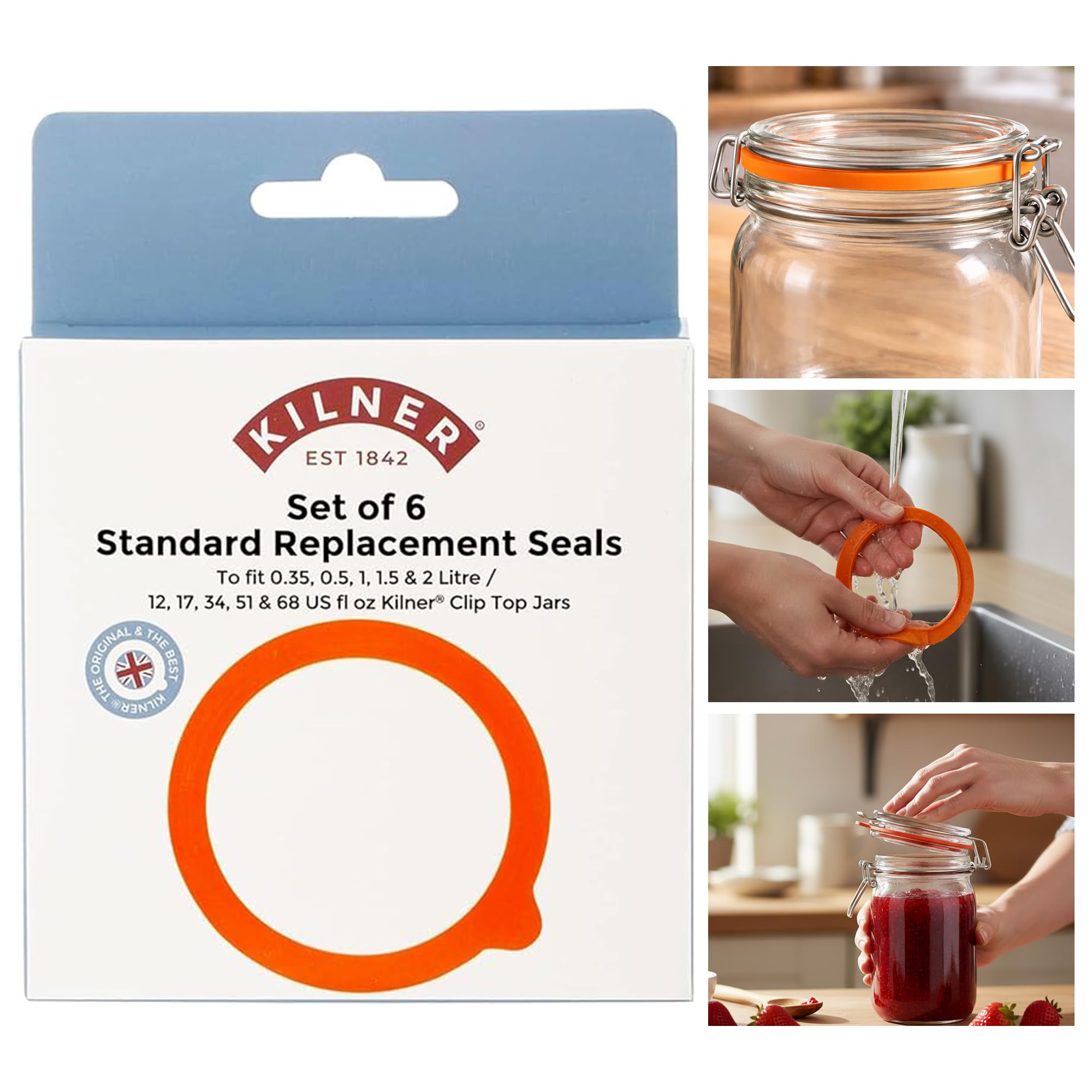 Kilner Replacement Jar Seals Set of 6 – Standard Rubber Rings for Clip Top Jars (0.35L To 2L), Airtight Food Storage Gaskets for Preserving, Pickling & Pantry Storage