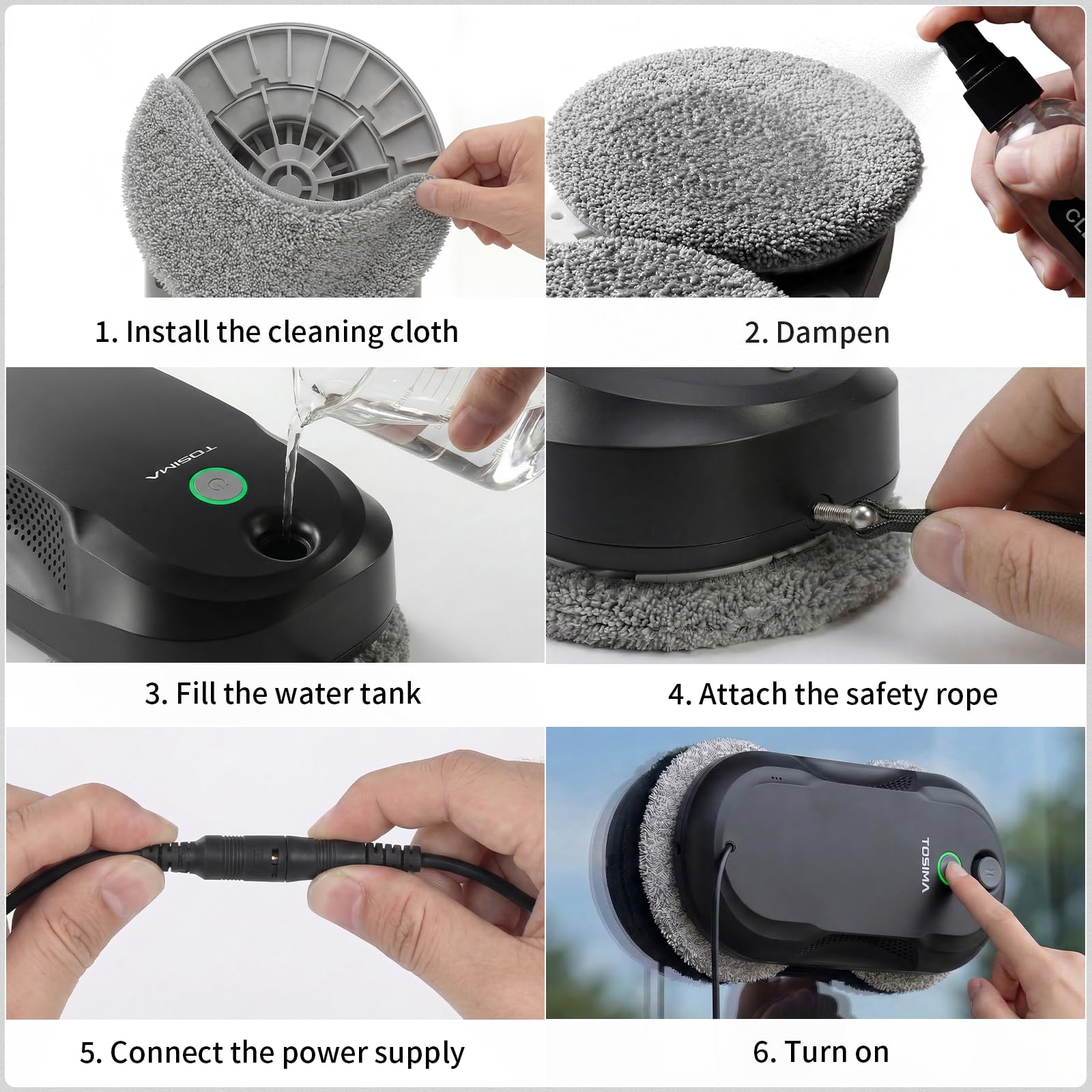 Tosima W5 Pro 6400 Pa Robot Laveur de Vitre, Double Pulvérisation d'eau Ultrasonique, Nettoyeur de Vitre Automatique, Télécommande, 20 Chiffons en Microfibre (Noir)