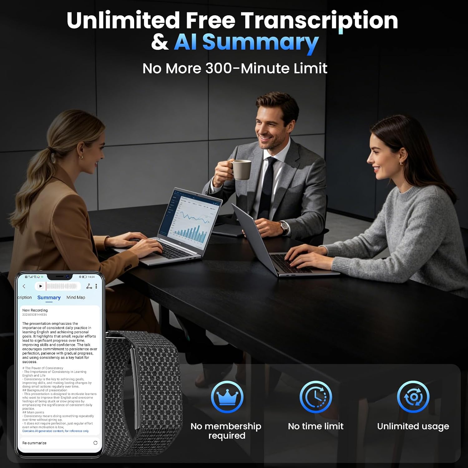 Voice Activated Recorder, Fitness Tracker with Transcribe & Summarize, Recording Device with AI Noise Reduction, Audio Recorder for Meetings, Lectures, Work, Interviews, 160+ Sport Modes