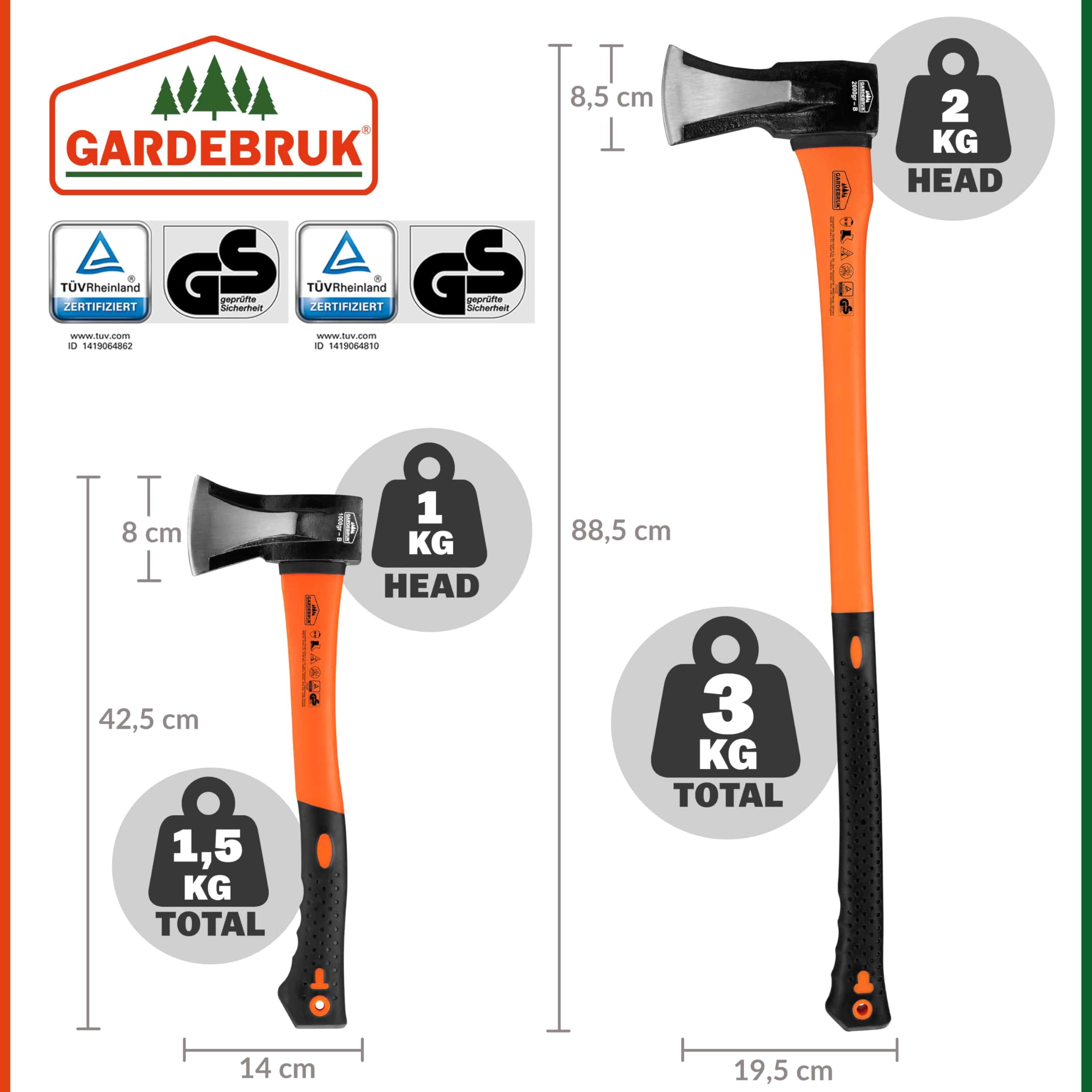 Gardebruk® Axt 2 kg Beil 1 kg Set ergonomischer Handgriff Gummischutz Universal Spaltaxt Spaltbeil Spalthammer Holzspalter