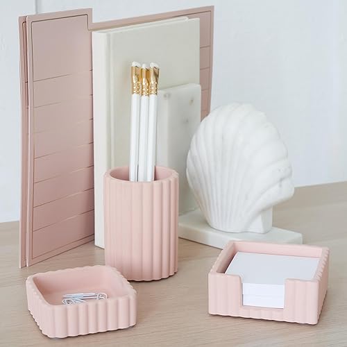 Miniatura 2 de KIBAGA Juego de 3 accesorios de escritorio modernos y estéticos, elegantes organizadores de hormigón rosa para bolígrafos y suministros de oficina,