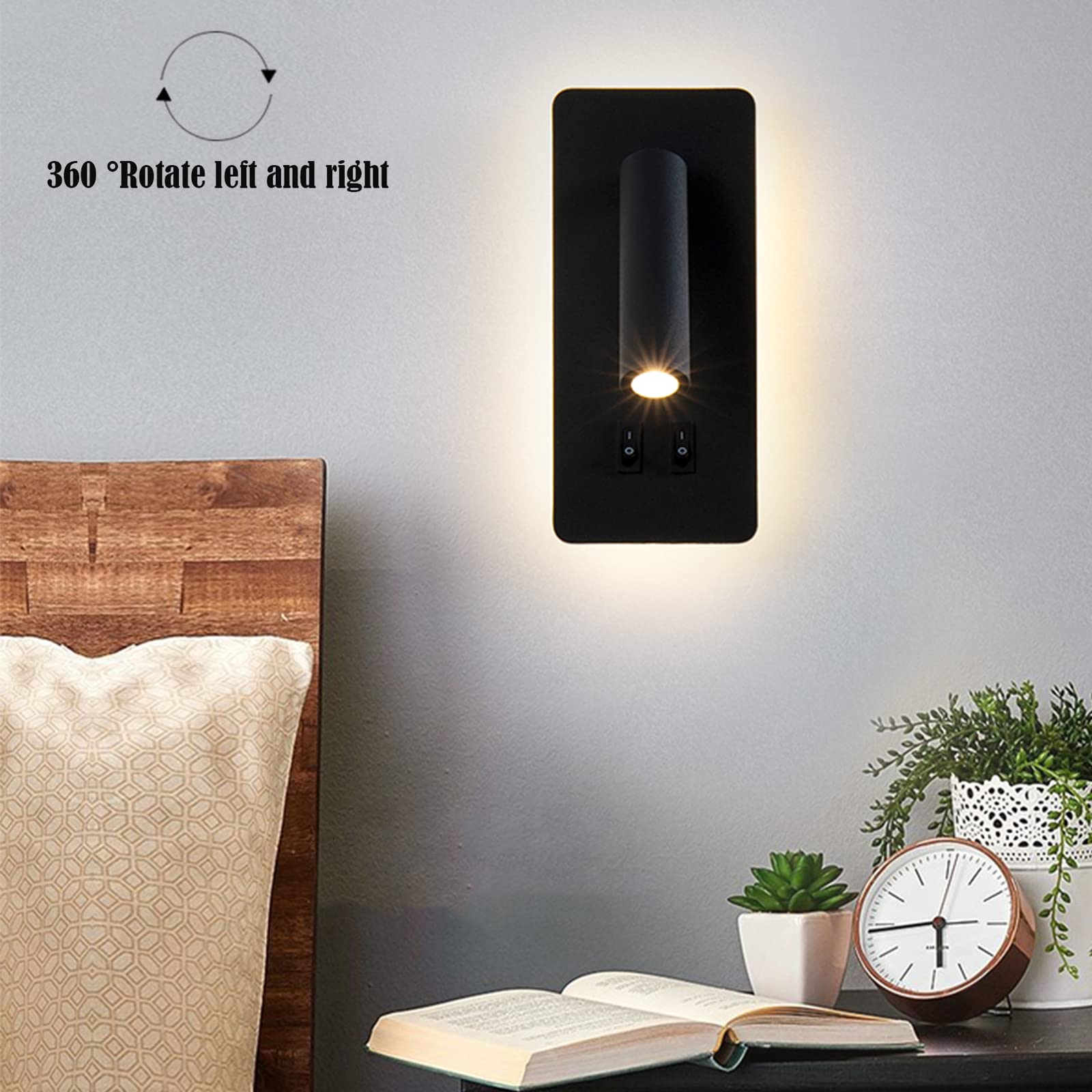 Applique LED, applique de lecture de chevet, liseuses murales LED 12W, spot orientable （3W + 9W 3000K lumière chaude） (rectangle noir 2PCS)