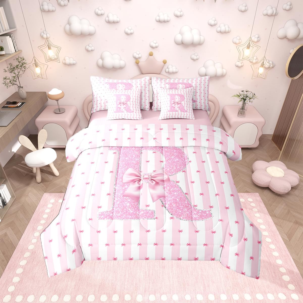 Erosebridal Cute Bowknot Teens Bed in A Bag Full Size Monogrammed R Comforter Set with Sheets Pink Glitter Bow 7-Piece Bedding Set for Kids Girls Adult Women Room Kawaii Princess Bed Sets