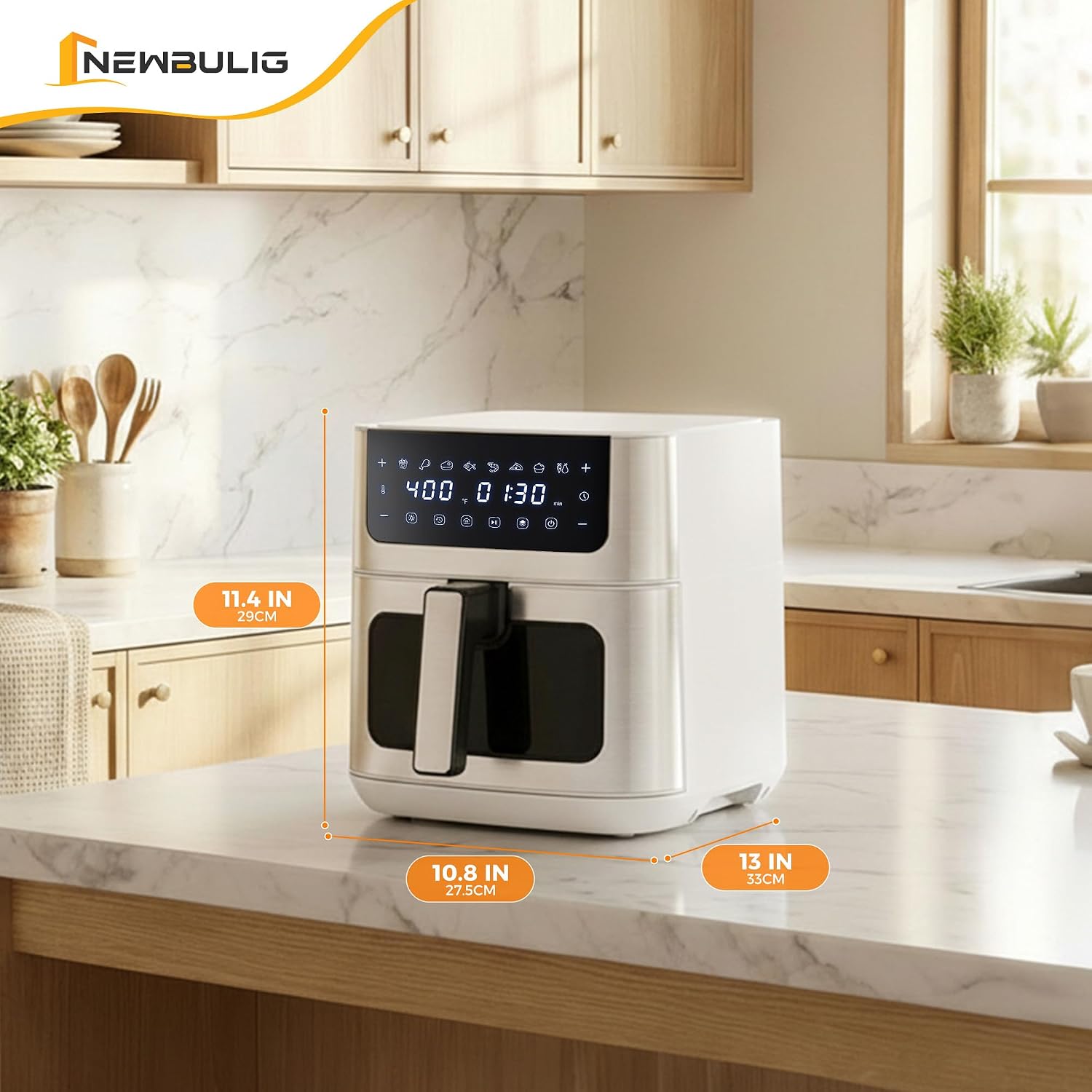 NEWBULIG Air Fryer with dimensions labeled
