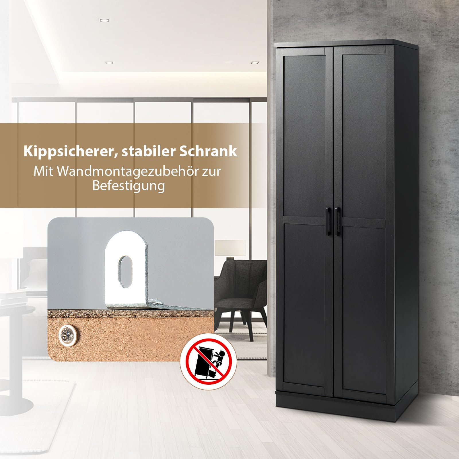 COSTWAY 5 stöckiger Küchenschrank 178cm, Hochschrank Küche mit 2 Türen & verstellbaren Regalen, Vorratsschrank freistehend, Aufbewahrungsschrank für Küche, Schlafzimmer, Badezimmer (Schwarz)
