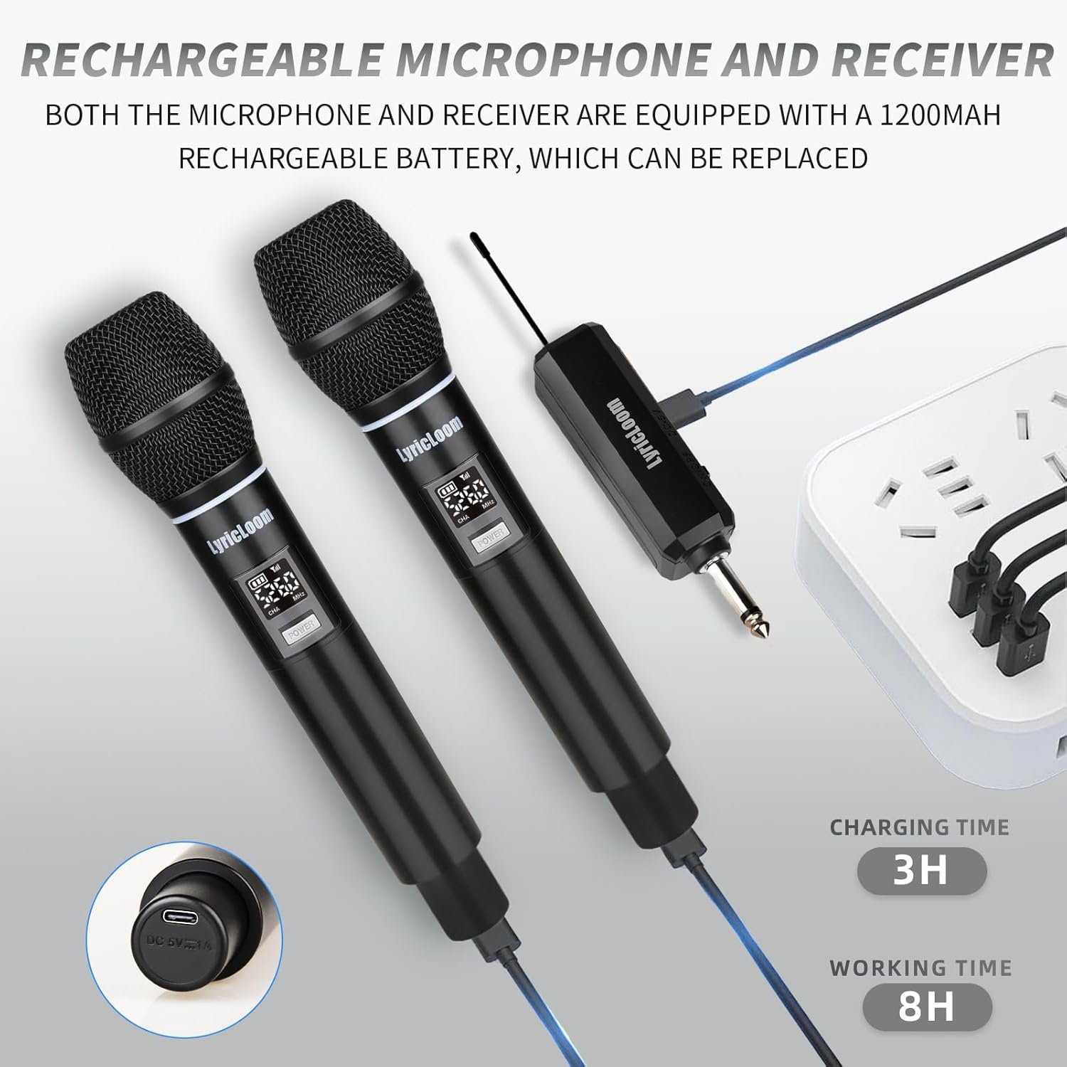 LyricLoom UHF Rechargeable Karaoke Microphone Wireless for Singing, Vocal Dynamic Mic with Receiver, Wireless Handheld Microphones for Speaker, Dj, 200ft Range of Cordless Mic 2 Pack Set