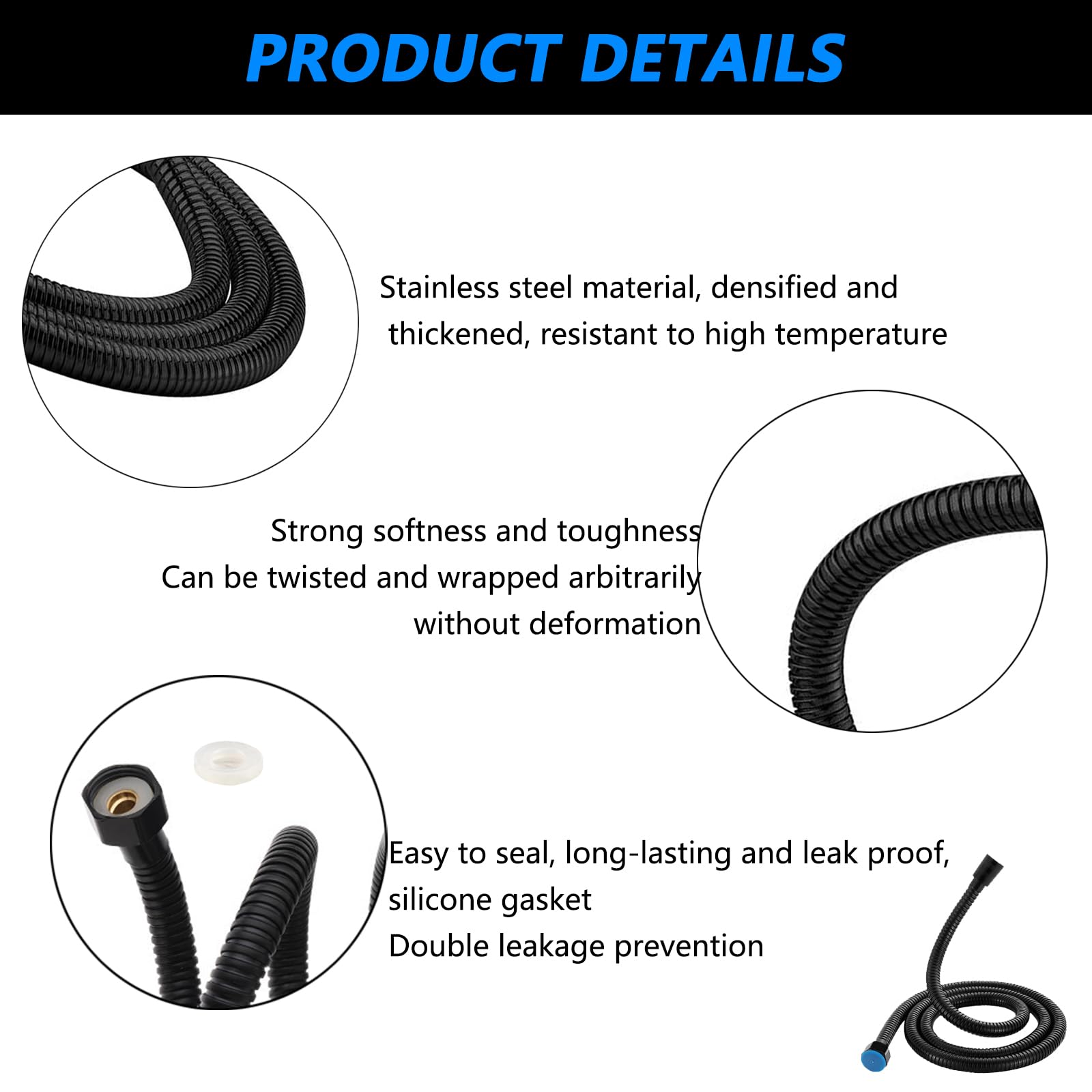 Tubo Doccia Nero 2 M, Flessibile Doccia In Acciaio Inox Standard 1/2" Connettore Universale Anti-Torsione Tubo Doccia per Doccetta E Rubinetti Vasca Da Bagno
