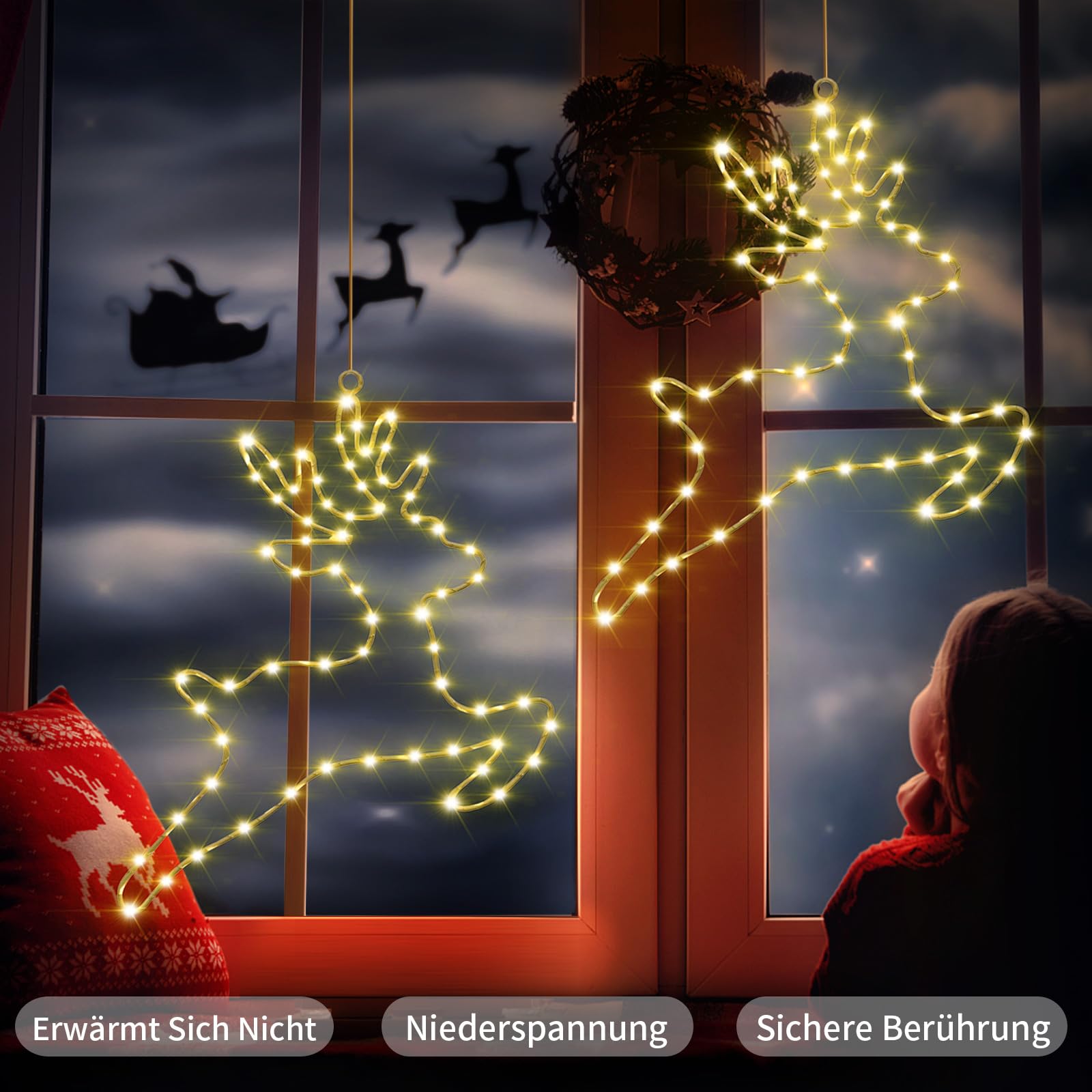 Oświetlone łańcuchy świetlne z reniferami, dekoracja bożonarodzeniowa, 2 sztuki, 80 diod LED, zasilanie bateryjne, oświetlenie bożonarodzeniowe, dekoracja okienna z timerem, 8 trybów