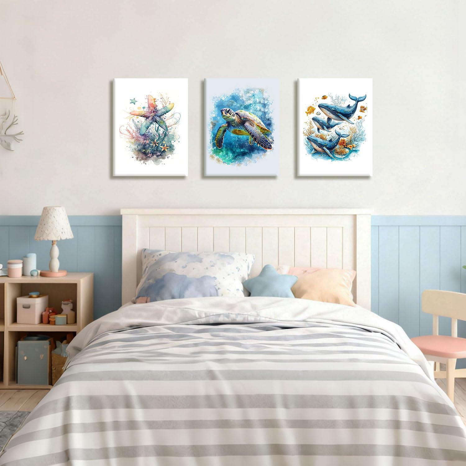 NCCXNCC 3Pcs Marine Animal Canvas Wall Art Beach Bathroom Print Posters Watercolor Sea Turtle Whale Starfish Pictures Marine Life Artwork Paintings Living Room Children's Room Wall Decoration16x24 IN