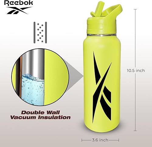 Miniatura 5 de Reebok Botella de agua de acero inoxidable con tapa de popote y diseño atlético, 32 onzas, botella de agua deportiva aislada al vacío de doble pared