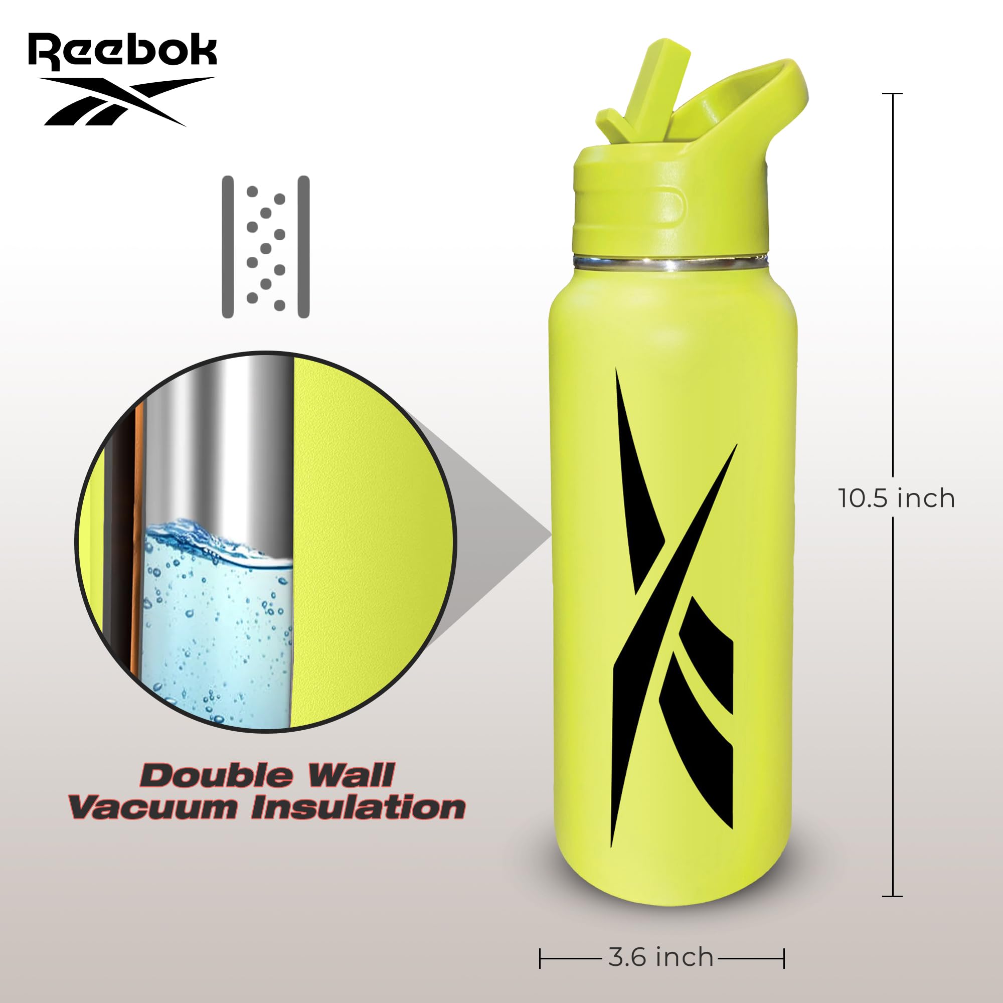 Reebok Edelstahl-Wasserflasche mit Strohhalm-Deckel und sportlichem Design, doppelwandig, vakuumisoliert, Sport-Trinkflasche mit Strohhalm, BPA-frei, 900 ml, Gelb mit schwarzem Vektor