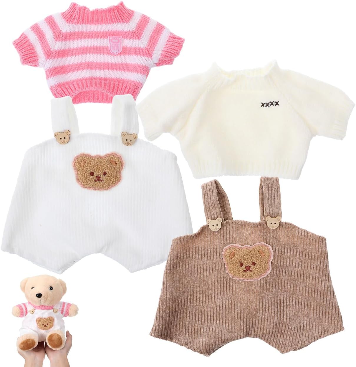 TOYANDONA Stuffed Animal Clothes for Bears 2 Sets - Plush Bear Outfit with Sweater and Suspender Pants for Small Stuffed Animals - Cozy Doll Clothing for Playtime and Display