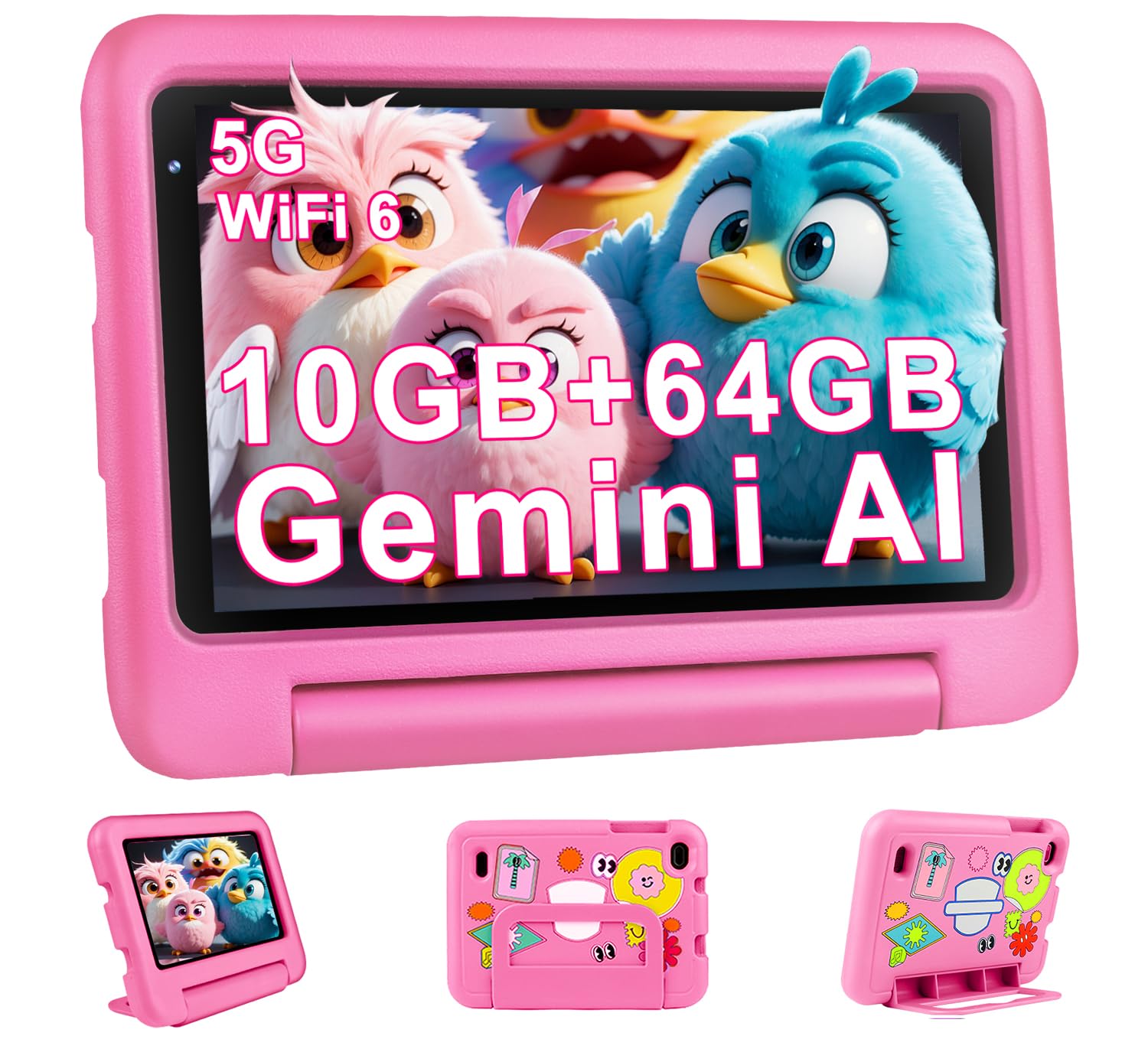 Tablette Enfants 7 Pouces Android AI Tablette avec 10GB RAM+64GB ROM(TF 1TB), Octa-Core|5G+2.4G WiFi 6 | Contrôle Parental | Dual Cameras | Bluetooth 5.0 | iWAWA Tablettes avec EVA Cas-Rose
