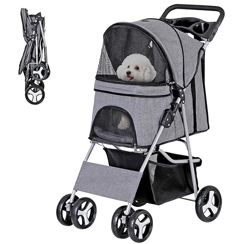 Miniatura 10 de ZENY Cochecito plegable para mascotas, cochecito para gatos/perros con 4 ruedas, carrito transportador de viaje para mascotas con cesta de Negro