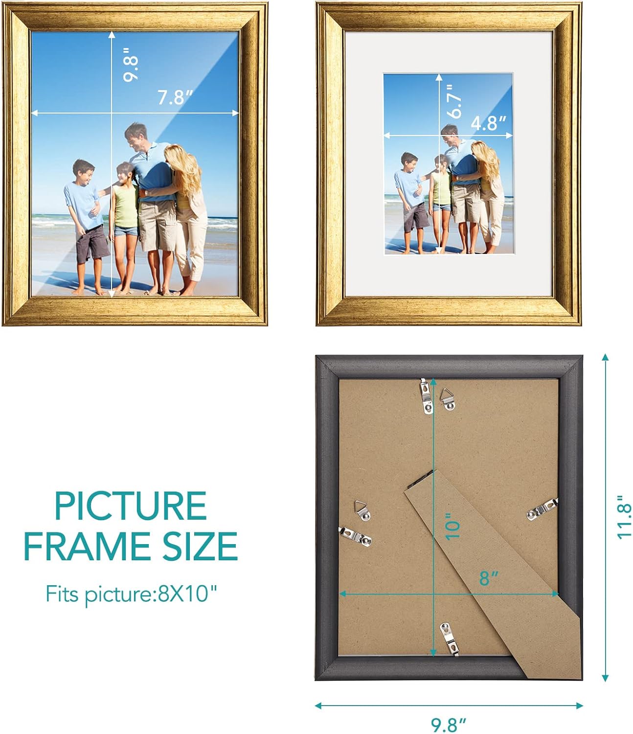 TWING 8x10 Gold Picture Frames Set of 6, Gold Frames Display Pictures 5x7 with Mat or 8x10 without Mat, Tabletop Display and Wall Mounting Home Decorative Photo Frames, Ideal for Christmas Gift -