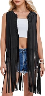 KEOYA Women's Fringe Sleeveless Vest Faux Suede 70s Hippie Long Jacket Cardigan