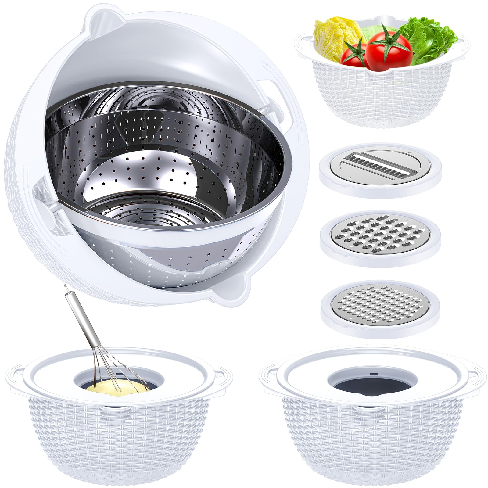 4-1 Strainer with Bowl Set - Rotatable Colander for Kitchen(Patented) - Strainers and Colanders - Pasta Strainer with New Upgraded Graters for Fruit Veggie Fun Kitchen Presents - White
