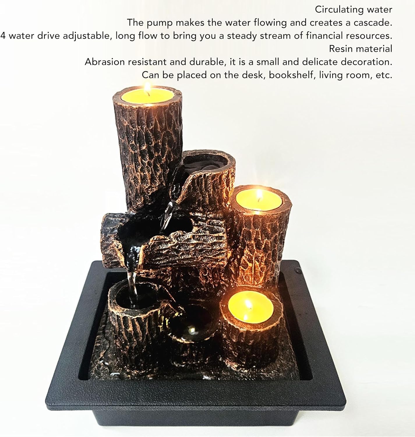 Fafeicy Resins Tabletop Fountain with Adjustables Water Flows and LED Lights for Office Living Room Decor (US Plug 110V)