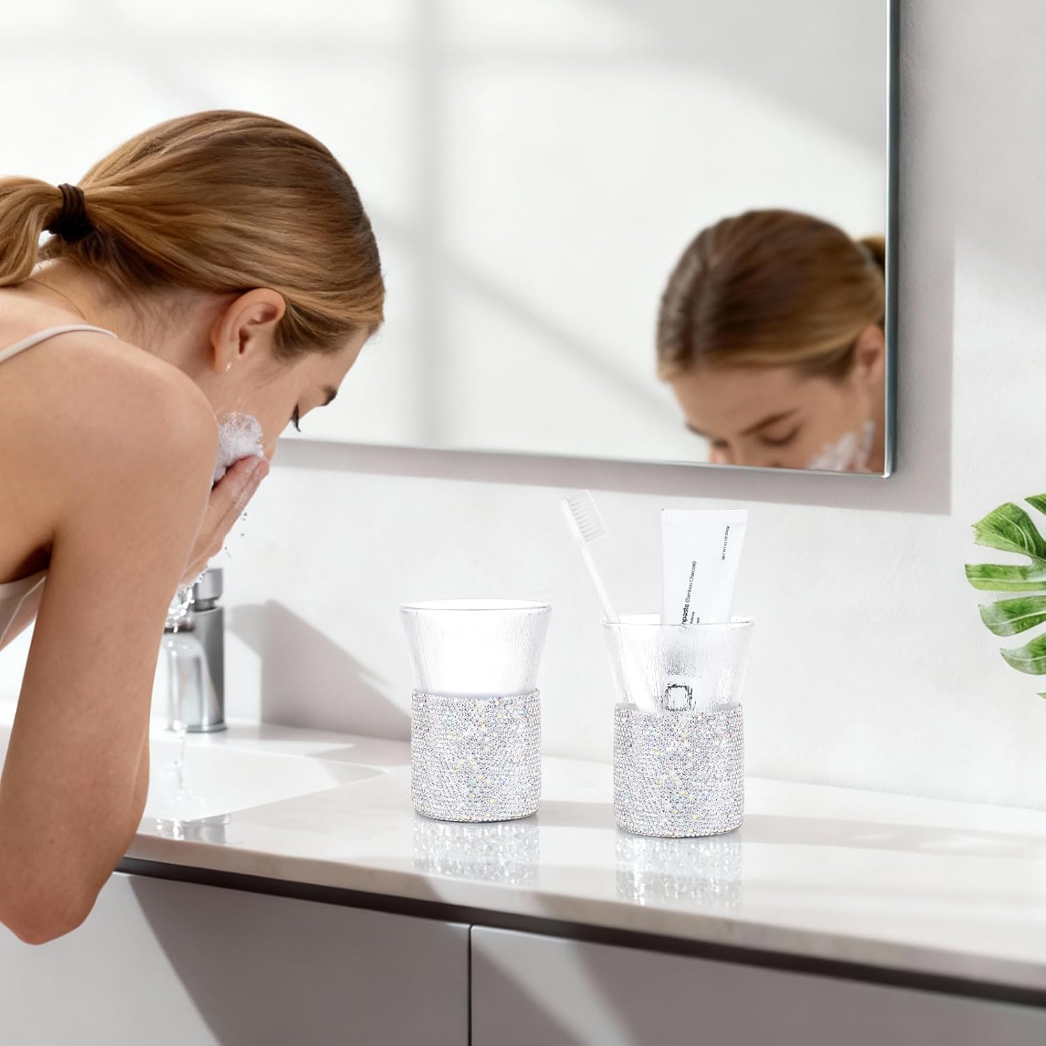 SlowVibes Bling Toothbrush Cup,2pcs Bathroom Tumbler Toothbrush Holders 9.5oz,Reusable Glass Mouthwash Cups,Countertop Organizer,Rhinestone Corset Design,Kitchen Glasses for Cocktail,Iced Coffee, Tea