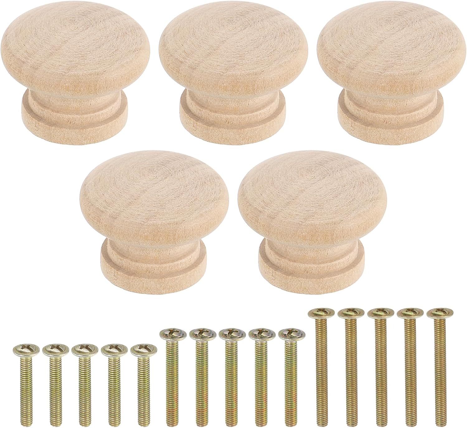 uxcell 5Pcs Round Wood Drawer Knob, 1.57" x 1.1" Round Cabinet Knobs Mushroom Shape Wooden Knobs with Screws for Furniture Drawer Dresser Wardrobe Cupboard, Wood Color