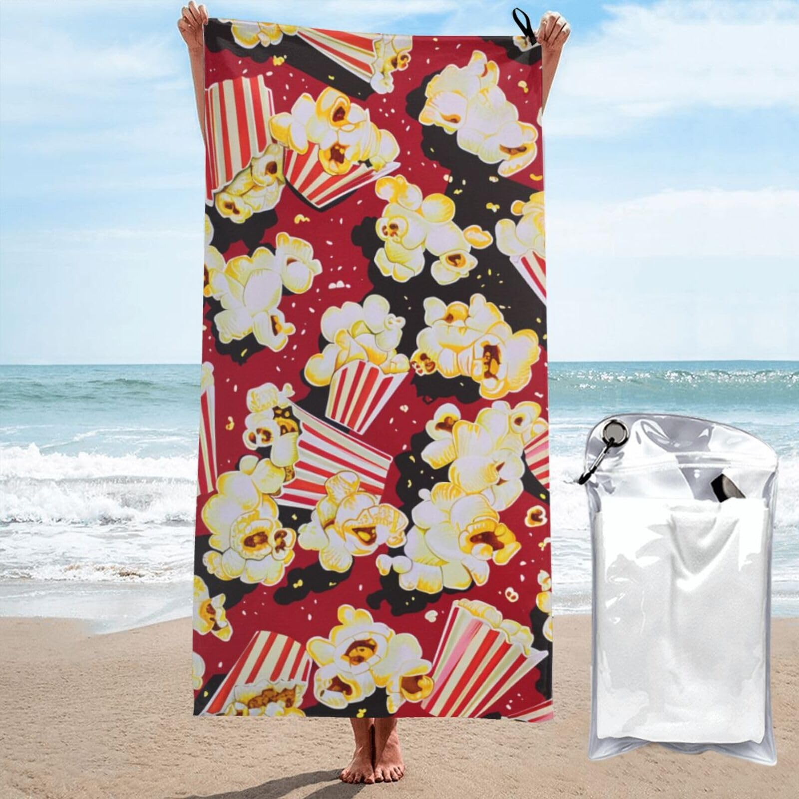 kkvhhyuo Microfiber Beach Towel, Popcorn Print Printed Lightweight Quick Dry Travel Bath Sheet with Compact Carry Bag for Swimming Yoga Camping Gym,31.5"x63"