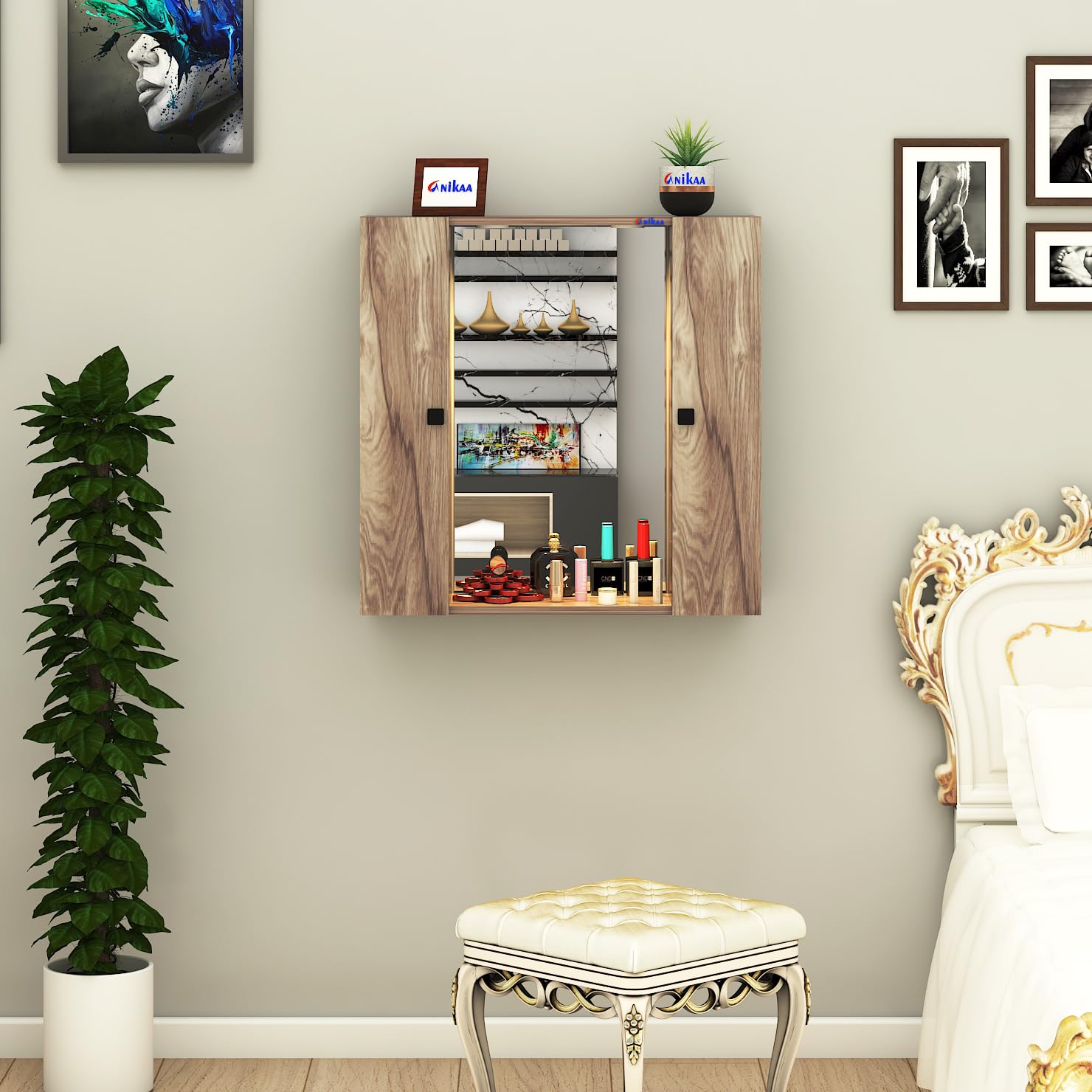 Anikaa Solara Wall Mounted Engineered Wood Dressing Mirror with Cabinet & LED Spotlights | 2-Door Modern Multi Storage Organizer | for Bedroom, Living Room & Entryway | DIY Assembly | Color-Coachwood-image-25