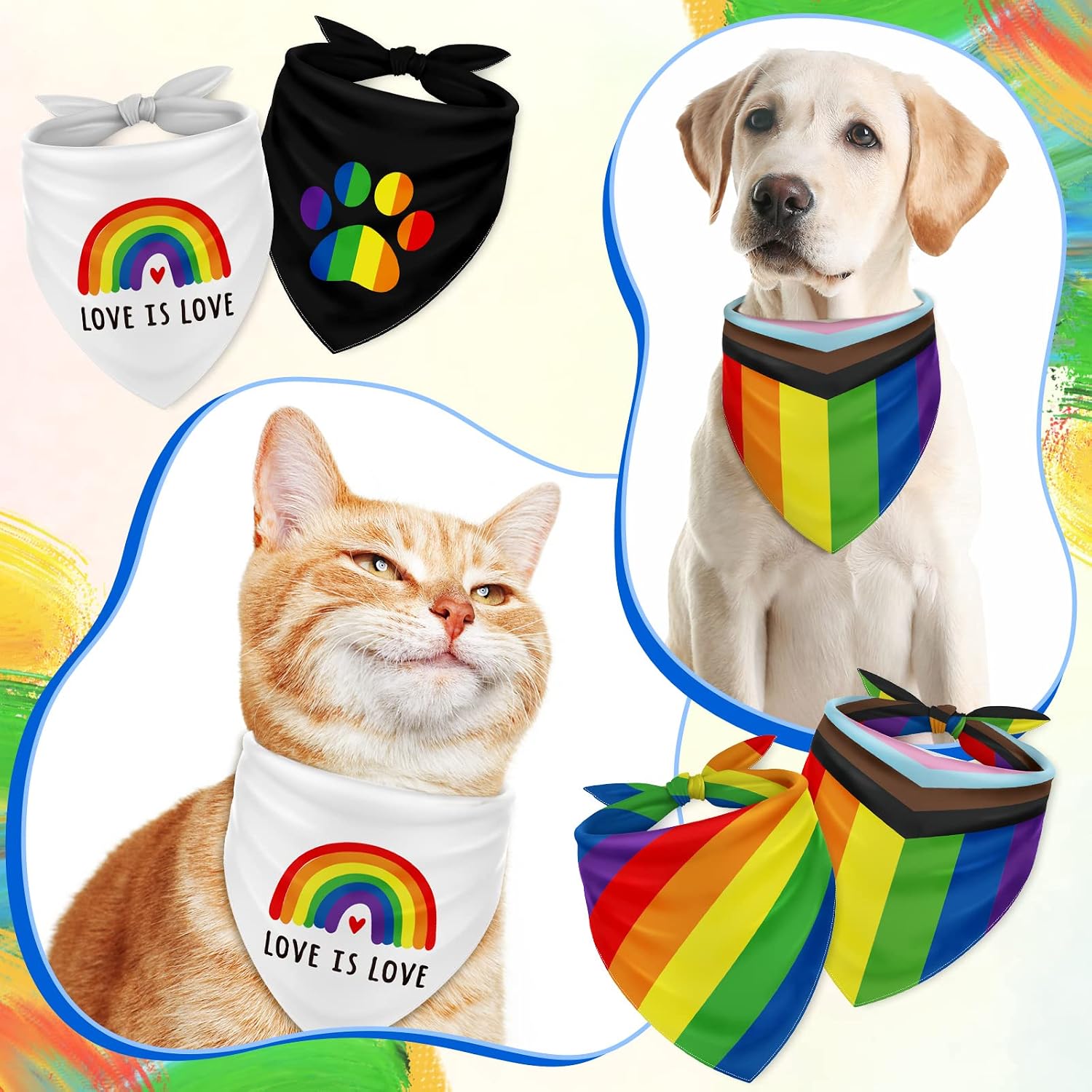 Whaline Rainbow Dog Bandanas Love is Love Pride LGBTQ Triangle Bibs Rainbow Dog Scarf Reversible Double-Sided Pet Neckerchief for Small Medium Large Pet Cat Pride Day Costume Accessories, 4 Pack image 4