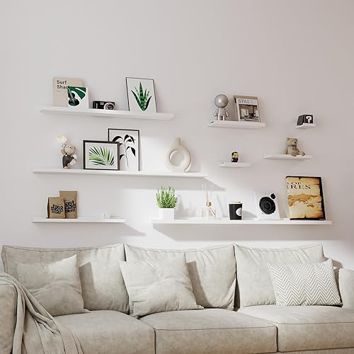 Miniatura 6 de Estantes flotantes blancos para decoración de pared, estante largo de almacenamiento montado en la pared para dormitorio, sala de estar, baño,