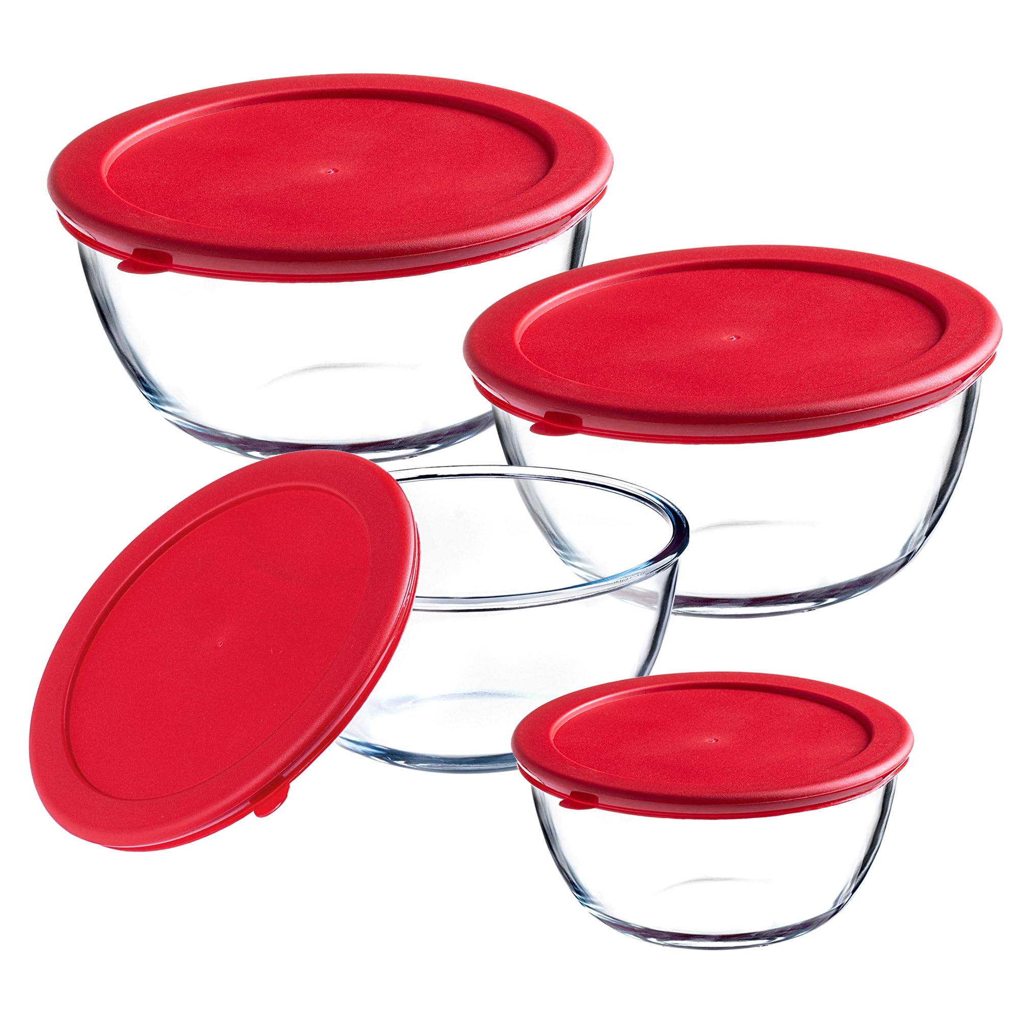 KADAX Juego de 4 cuencos de cristal con tapa, para mezclar, para hornear, alimentos, cocinar, preparar, recipientes redondos para alimentos, 0,5 – 2 L, recipiente de cristal, apto para lavavajillas